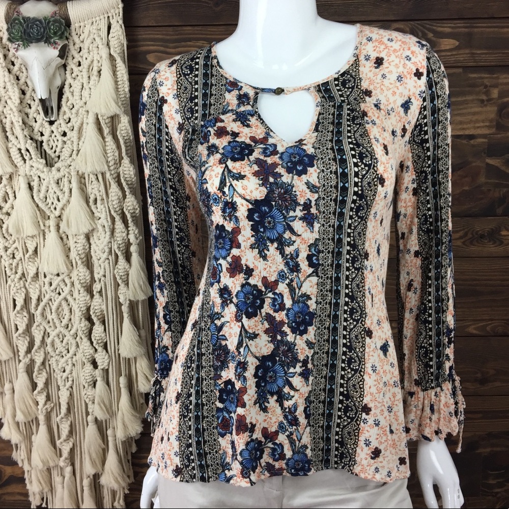 Love Riche | Striped Floral Boho Keyhole Ruffle Blouse‎ - Picture 2 of 6
